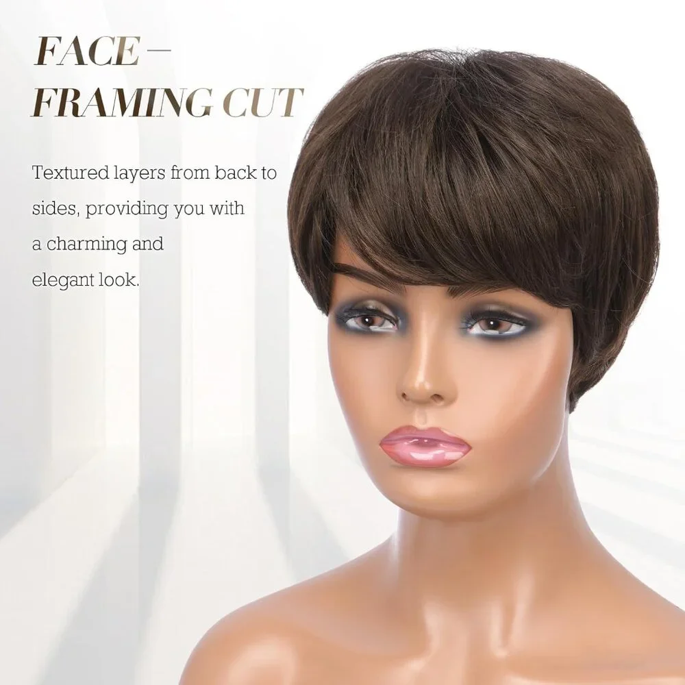 Cute Pixie Cut Wig for Women Brown with‎ Highlights